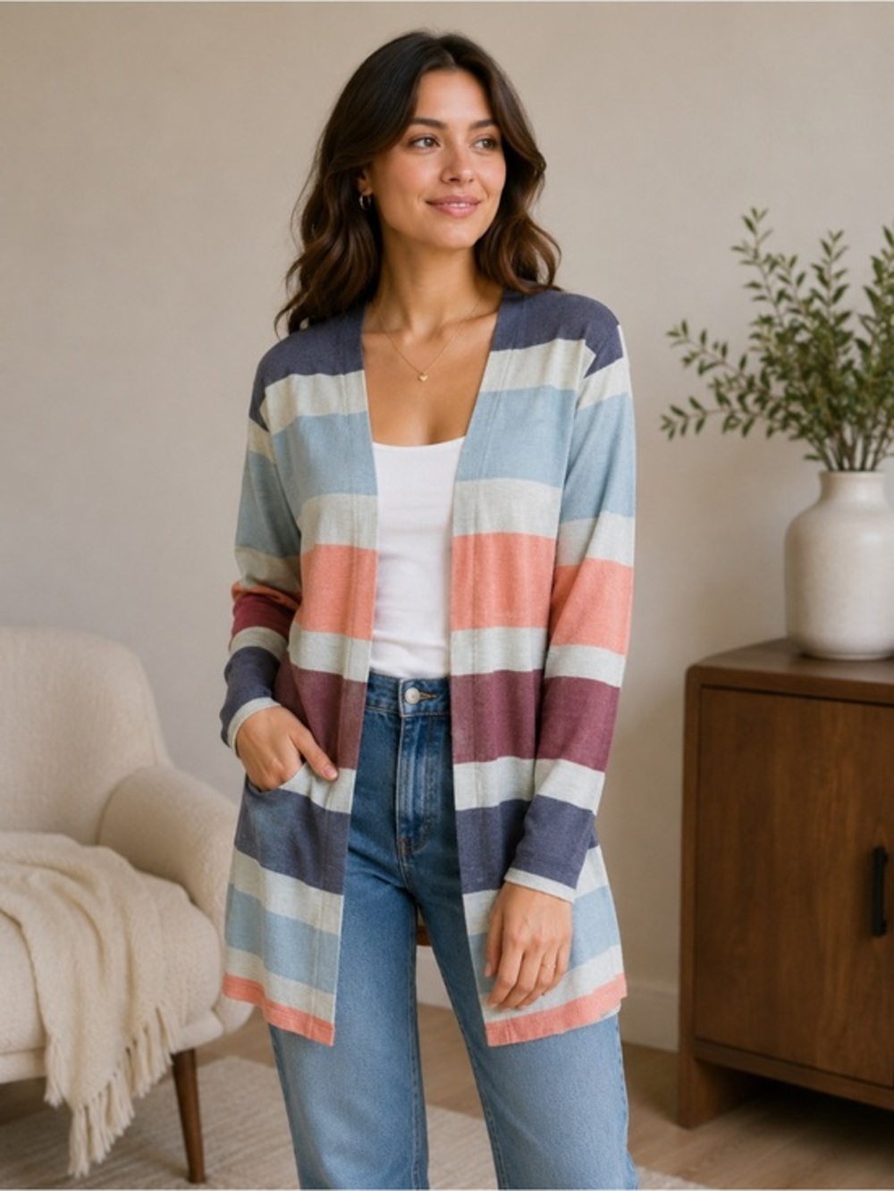 Boutique Cardigan  Lightweight In Stripe  Size: Small